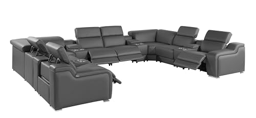 Ibero 12-Piece Italian Leather Sectional Sofa Set with 4 Recliners, Light Gray E5124