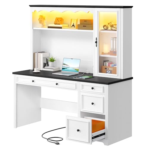 YITAHOME Executive Desk with Hutch, Drawers, Power Outlet & LED Lights, White & Black Z850393