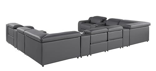 Ibero 12-Piece Italian Leather Sectional Sofa Set with 4 Recliners, Light Gray E5124