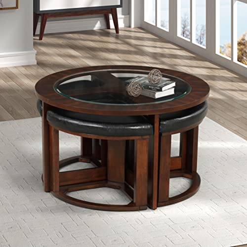 Roundhill Furniture Cylina Solid Wood Glass Top Round Coffee Table with 4 Stools F76357