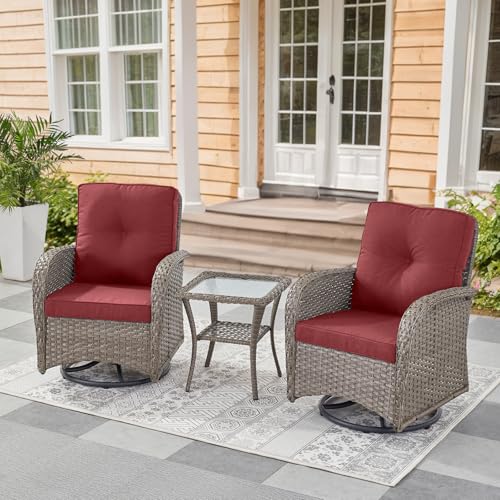 Outdoor Wicker Swivel Rocker Chairs Set of 2 with Rattan Side Table, Brown/Blue B592