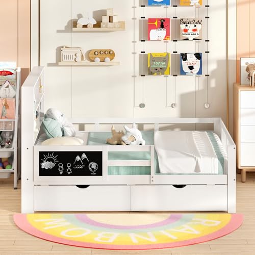 Giantex Full Bed with 2 Storage Drawers, Solid Wood Kids Bed Frame, White N580265