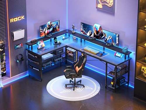66" L Shaped Gaming Desk with Power Outlet and LED Lights, Black Carbon Fiber O942411