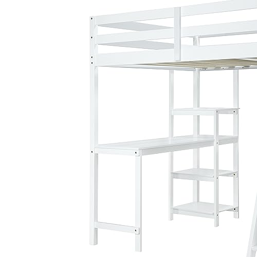 Harper & Bright Designs Full Size Loft Bed with Wardrobe and Desk, Solid Wood, White R4710