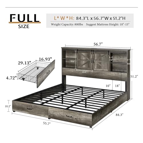 VanAcc Full Size Wooden Platform Bed with Bookcase Headboard and 2 Drawers O6158