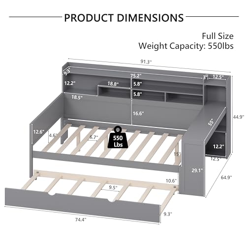 Bellemave Twin Corner Bed Frame with Storage Shelves and Desk, Gray L74206