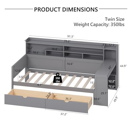 Bellemave Twin Corner Bed Frame with Storage Shelves and Desk, Gray L74206