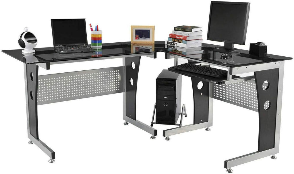 Black L-Shape Corner Tempered Glass Computer Desk with Keyboard Tray W76860