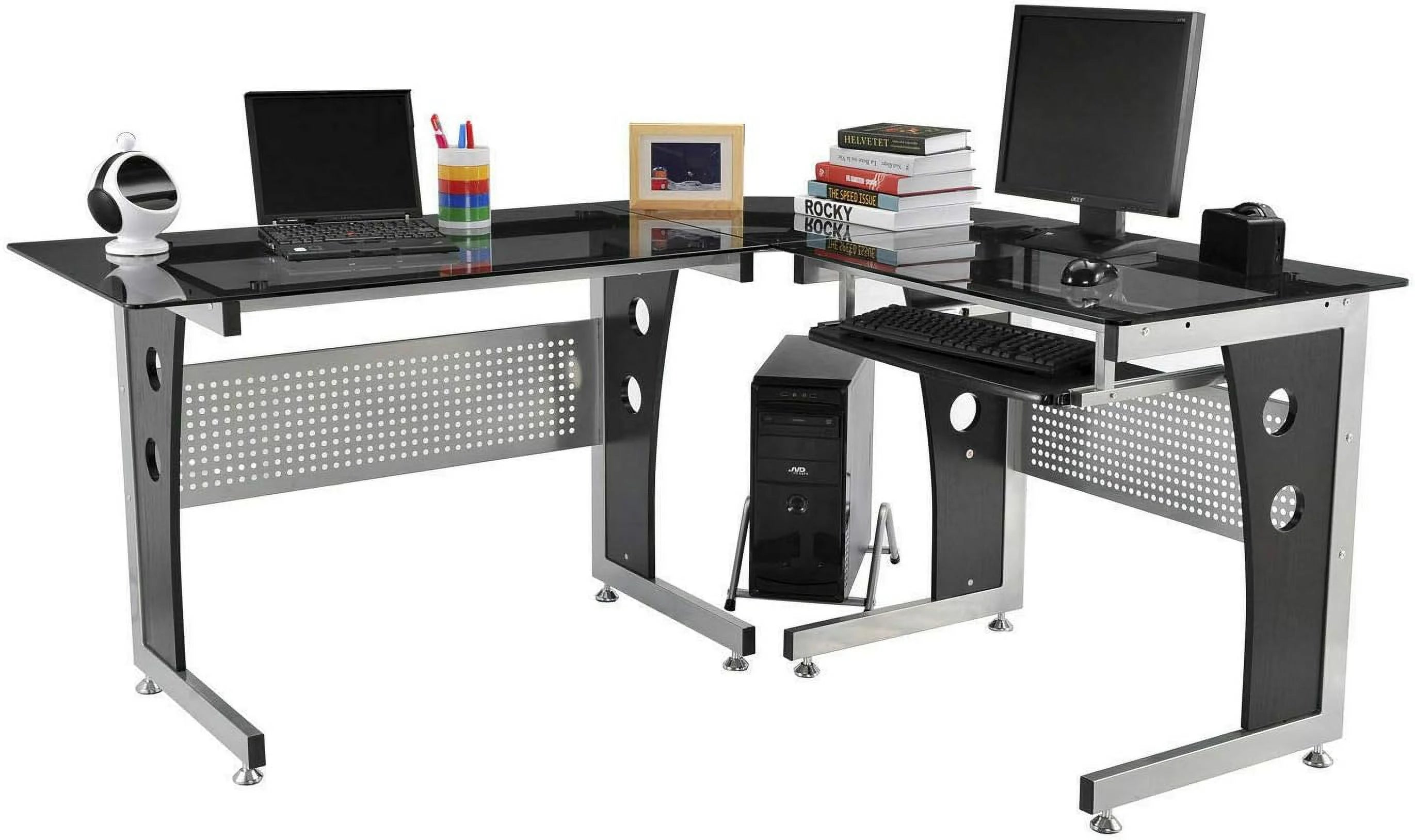 Black L-Shape Corner Tempered Glass Computer Desk with Keyboard Tray W76860