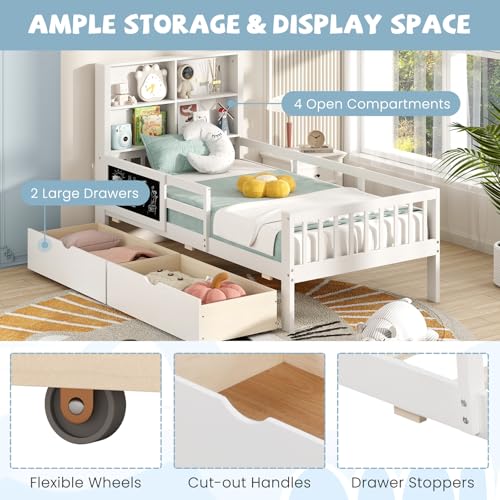 Giantex Full Bed with 2 Storage Drawers, Solid Wood Kids Bed Frame, White N580265