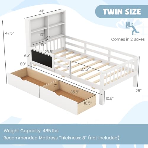 Giantex Full Bed with 2 Storage Drawers, Solid Wood Kids Bed Frame, White N580265