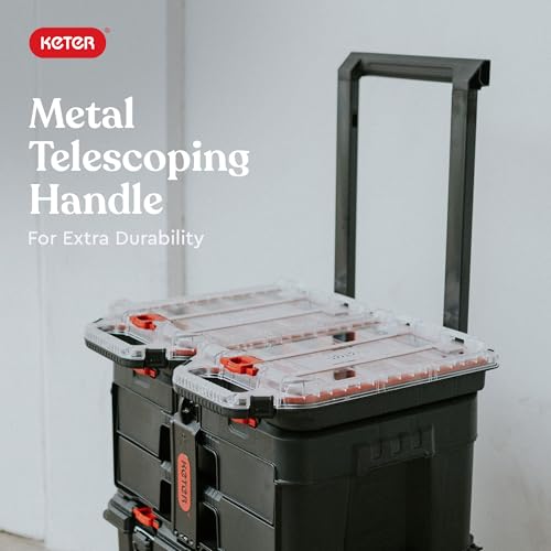 Keter Stack-n-Roll Modular Tools Organizer, 3 Piece Resin Rolling Tool Box, Black S451
