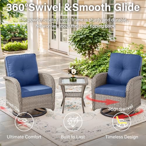 Outdoor Wicker Swivel Rocker Chairs Set of 2 with Rattan Side Table, Brown/Blue B592