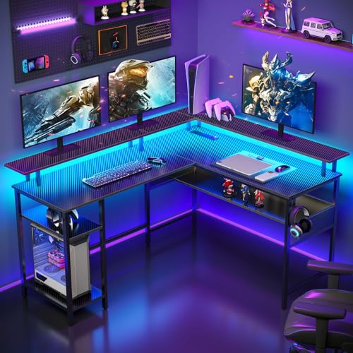 Rolanstar Computer Desk 56.7" with LED Lights and Power Outlets, Carbon Fiber Surface K1543