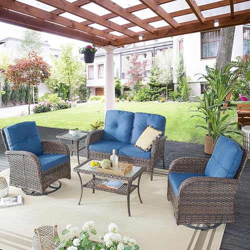 Outdoor Wicker Swivel Rocker Chairs Set of 2 with Rattan Side Table, Brown/Blue B592