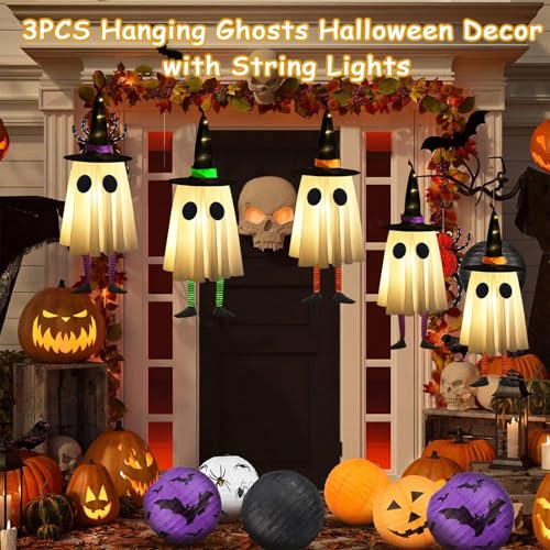 Halloween Hanging Ghosts with Witch Hat Lights, Set of 4 for Outdoor Yard Decor H703891