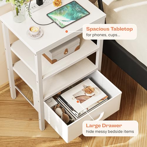 SUPERJARE Nightstand with Charging Station, Fabric Drawer, 3-Tier Storage, Walnut K366263