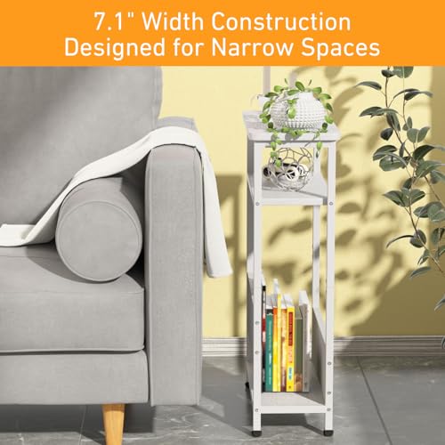 7.1" Narrow 3-Tier Side Table with Magazine Holder, Faux White Marble R580691
