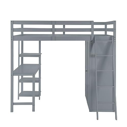 Harper & Bright Designs Full Size Loft Bed with Wardrobe and Desk, Solid Wood, White R4710