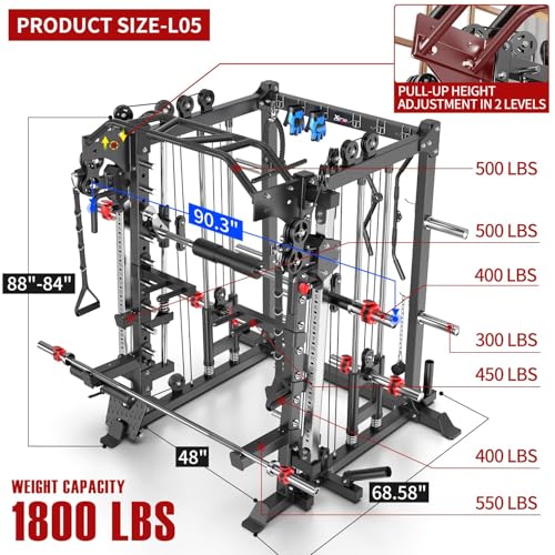 Power Cage Smith Machine Power Rack with Cable Crossover for Home Gym X175525