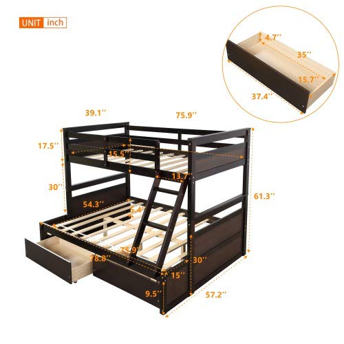 Twin Over Full Bunk Bed with Ladder, Solid Wood, Gray Y4986