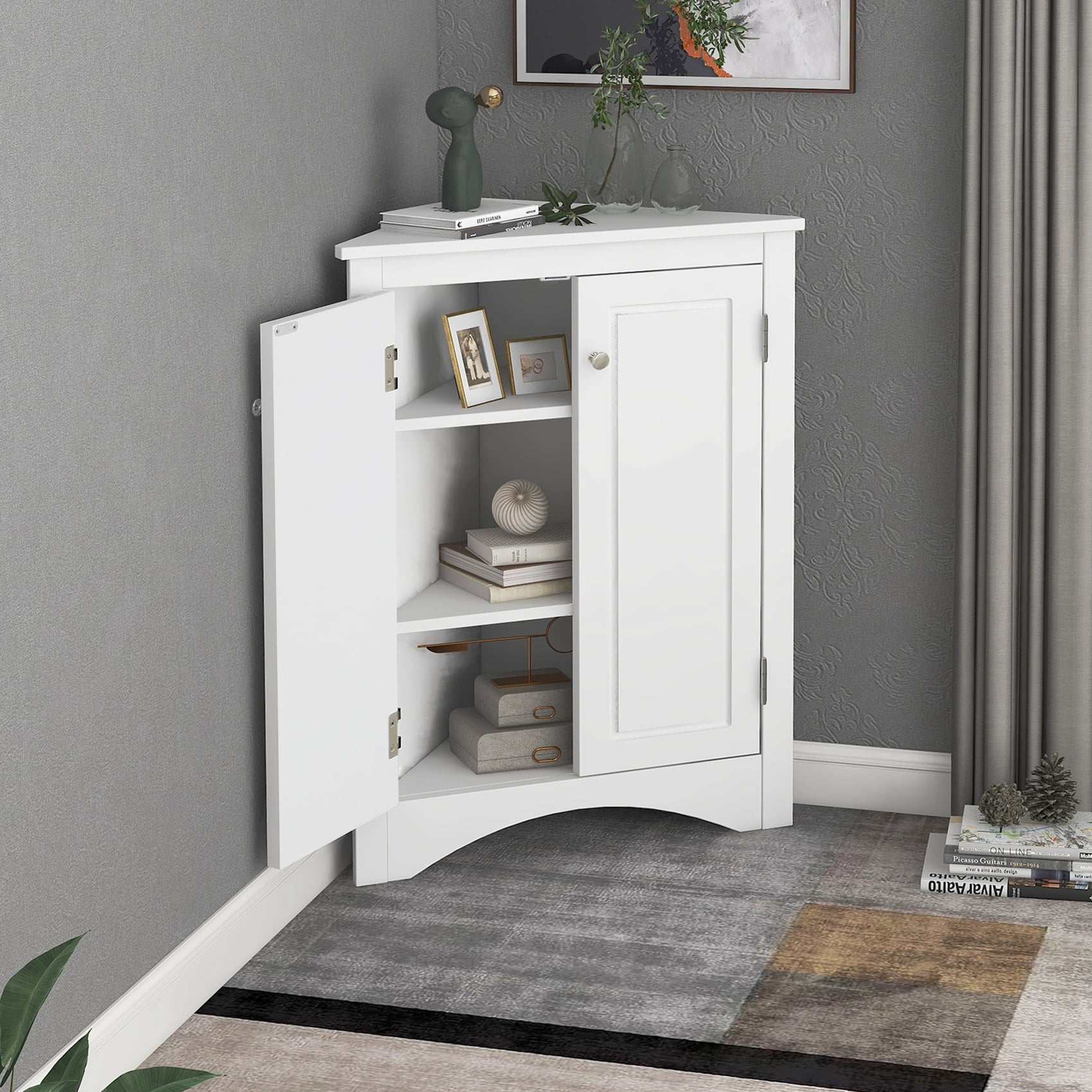 ANTSKU Corner Cabinet with Doors, 2 Adjustable Shelves, White Q2473