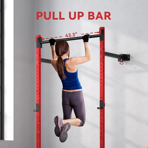 Soozier Wall Mounted Folding Squat Rack with Pull Up Bar, 1000 lbs Capacity, Red Z8827