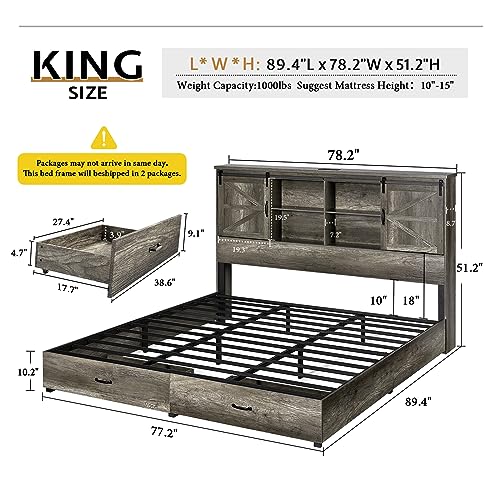 VanAcc Full Size Wooden Platform Bed with Bookcase Headboard and 2 Drawers O6158