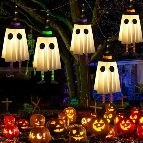 Halloween Hanging Ghosts with Witch Hat Lights, Set of 4 for Outdoor Yard Decor H703891