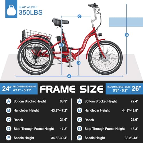 MOONCOOL Electric Tricycle for Adults, 350W 36V, 7 Speeds with Large Basket L833080
