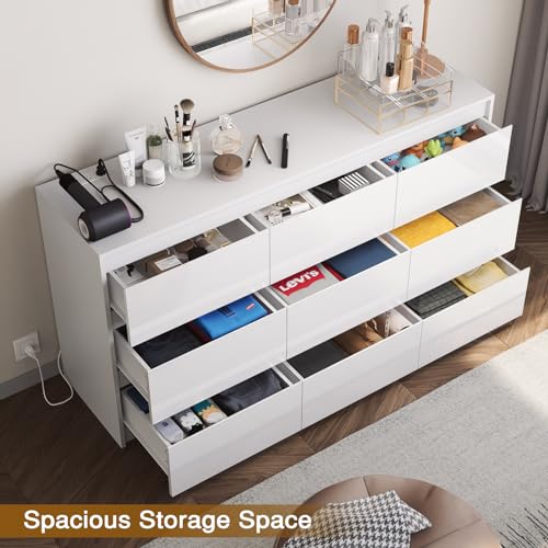 White 10 Drawer Dresser for Bedroom, High Gloss Modern TV Stand D4767