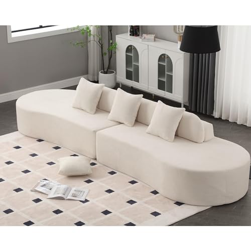 130.5'' Modern Cloud Sectional Sofa, 4-Seat Curved Modular Couch, Comfy Terry Cloth with 3 Pillows, Minimalist Design for Living Room, Hotel, Apartment, Studio, No Assembly Required-Beige