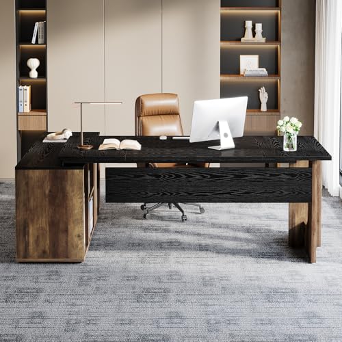 Tribesigns 74.8" L Shaped Executive Desk with Shelves, Black and Brown R6407