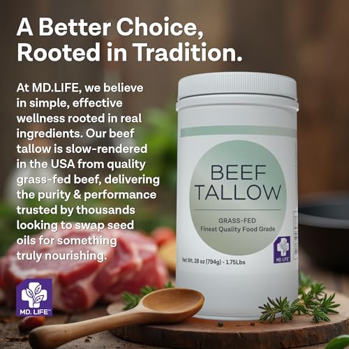 MD.LIFE Grass Fed Beef Tallow for Cooking, 24 Pounds A54505