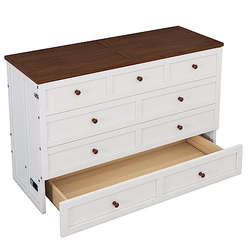 Queen Size Solid Pine Murphy Bed Chest with Charging Station and Storage Drawer K498
