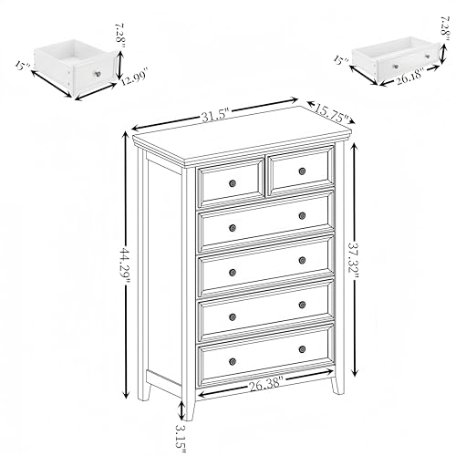 6 Drawer Dresser Chest with Metal Handles, White K1734