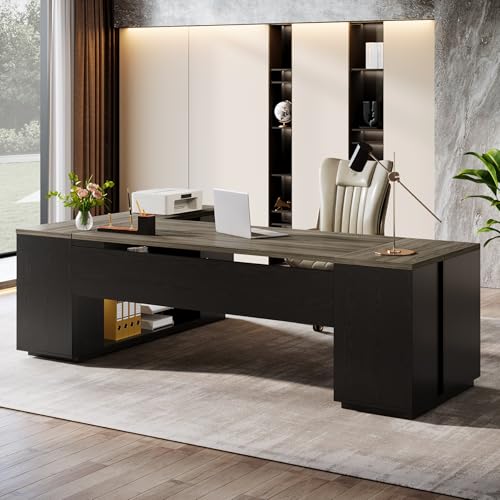 Tribesigns 85.8-Inch L-Shaped Executive Desk with File Drawers & Shelves, White & Brown I578
