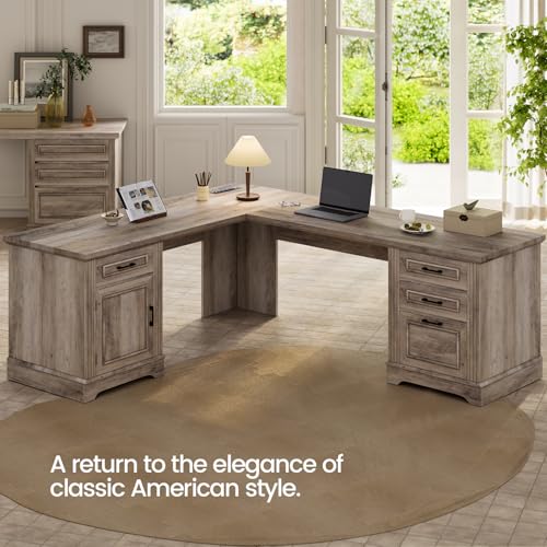 Itaar Farmhouse Executive L Shaped Desk with File Drawer and Power Outlet, White X918168