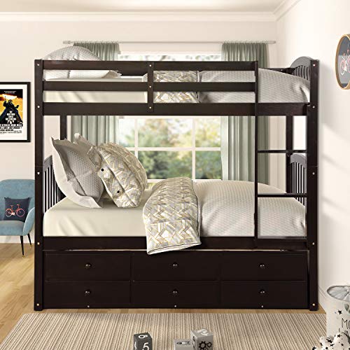 Harper & Bright Designs Twin Over Twin Bunk Bed with Storage Drawers, Solid Wood, Espresso P440327