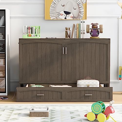 Queen Size Solid Pine Murphy Bed Chest with Charging Station and Storage Drawer K498