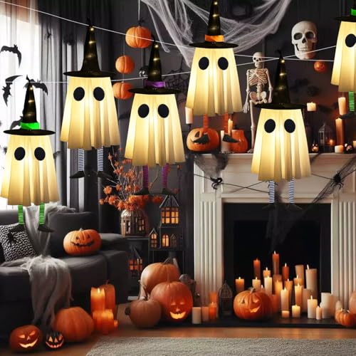 Halloween Hanging Ghosts with Witch Hat Lights, Set of 4 for Outdoor Yard Decor H703891