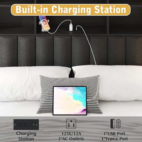 Lifezone Queen Bed Frame with Bookcase Headboard, Storage Drawers & Charging Station, Rustic Grey V4785