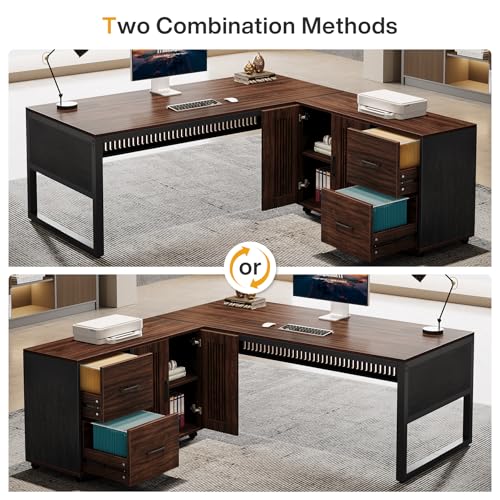 Tribesigns 63-Inch L-Shaped Executive Desk with Mobile File Cabinet, Dark Walnut & Black Z695
