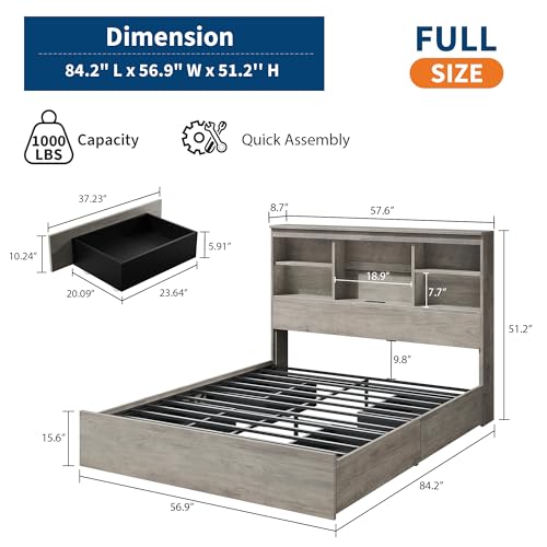 GarveeHome Full Size Bed Frame with Bookcase Headboard and Charging Station Z337