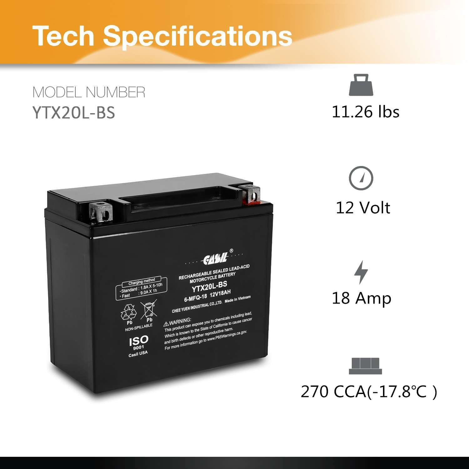 YTX20L-BS Sealed AGM Battery for Motorcycle ATV UTV Snowmobile S992506