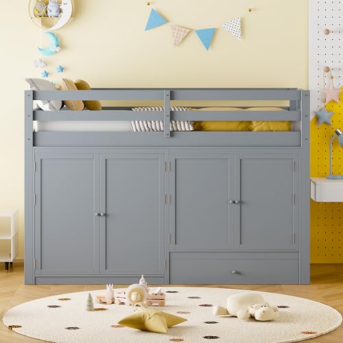 Harper & Bright Designs Twin Size Loft Bed with L-Shaped Desk and Stairs, Solid Wood, White D768