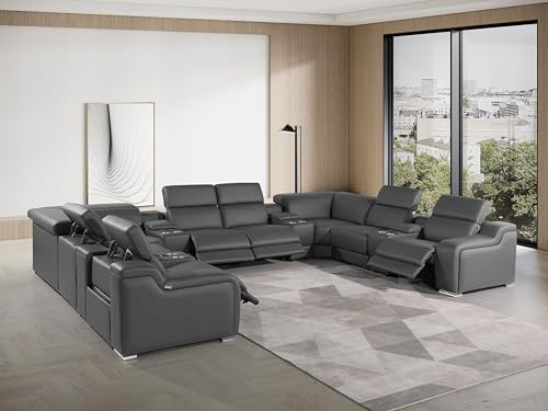Ibero 12-Piece Italian Leather Sectional Sofa Set with 4 Recliners, Light Gray E5124