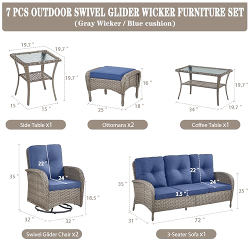 Outdoor Wicker Swivel Rocker Chairs Set of 2 with Rattan Side Table, Brown/Blue B592