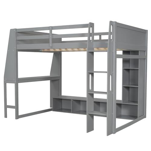 SOFTSEA Full Size Loft Bed with Desk, Storage and LED Lights, Solid Wood, Grey Q282