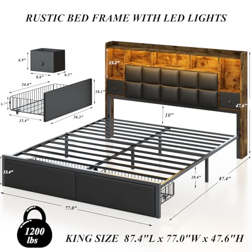 LED Bed Frame Full Size with Bookshelf Headboard and Charging Station R978868